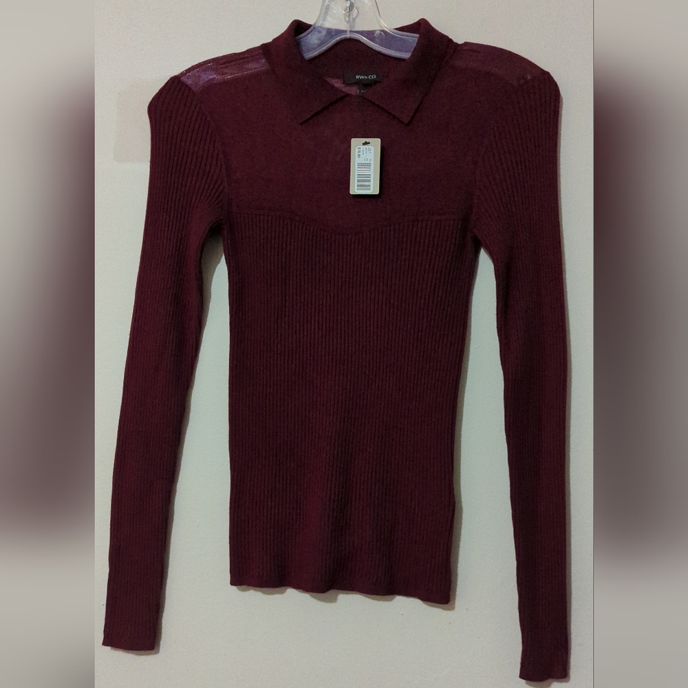RW&Co Long-Sleeve Polo Ribbed Sweater With Sheer Yoke Size XS New! - Picture 4 of 15
